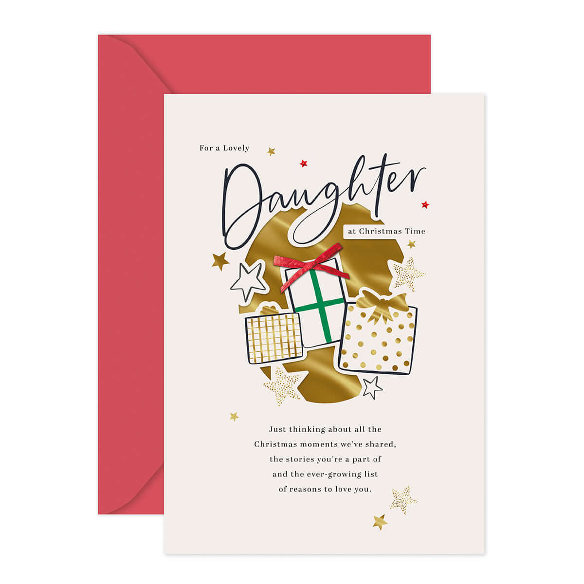 Hallmark Christmas Card - Lovely Daughter featuring red envelope, gold foil accents, festive gifts, and heartfelt message