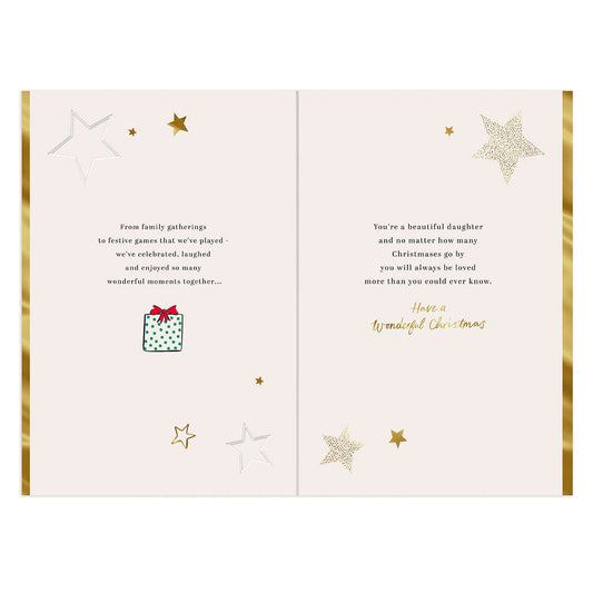 Hallmark Christmas Card - Lovely Daughter featuring gold foil accents, textured paper, and festive star designs inside.