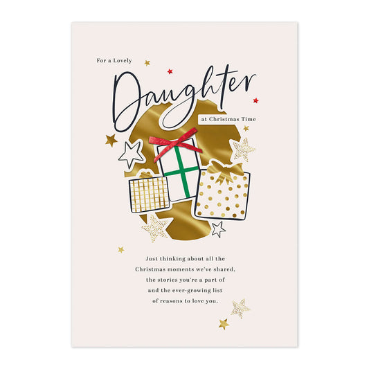 Hallmark Christmas Card - Lovely Daughter featuring festive gifts, gold accents and a heartfelt message for Christmas.