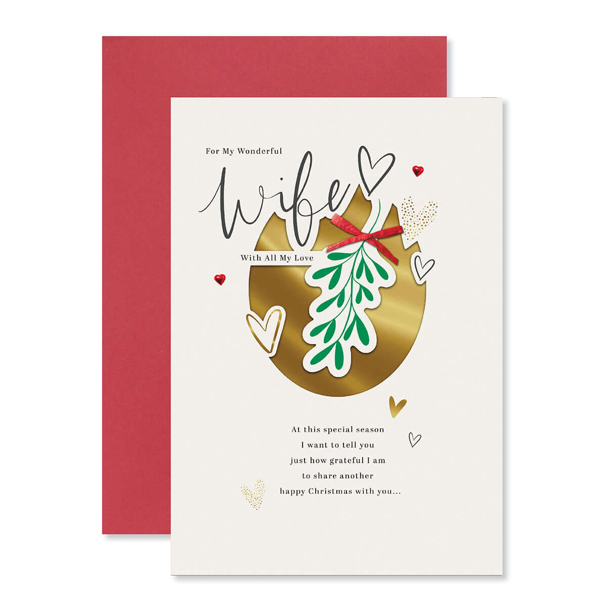 Hallmark Christmas card for wife - Very Lucky, featuring gold foil mistletoe design and heartfelt message, flat lay view.