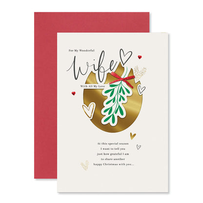 Hallmark Christmas card for wife - Very Lucky, featuring gold foil mistletoe design and heartfelt message, flat lay view.