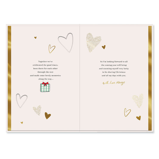 Hallmark Christmas Card For Wife - Very Lucky, open view showing heartfelt message, gold foil highlights, and decorative hearts.