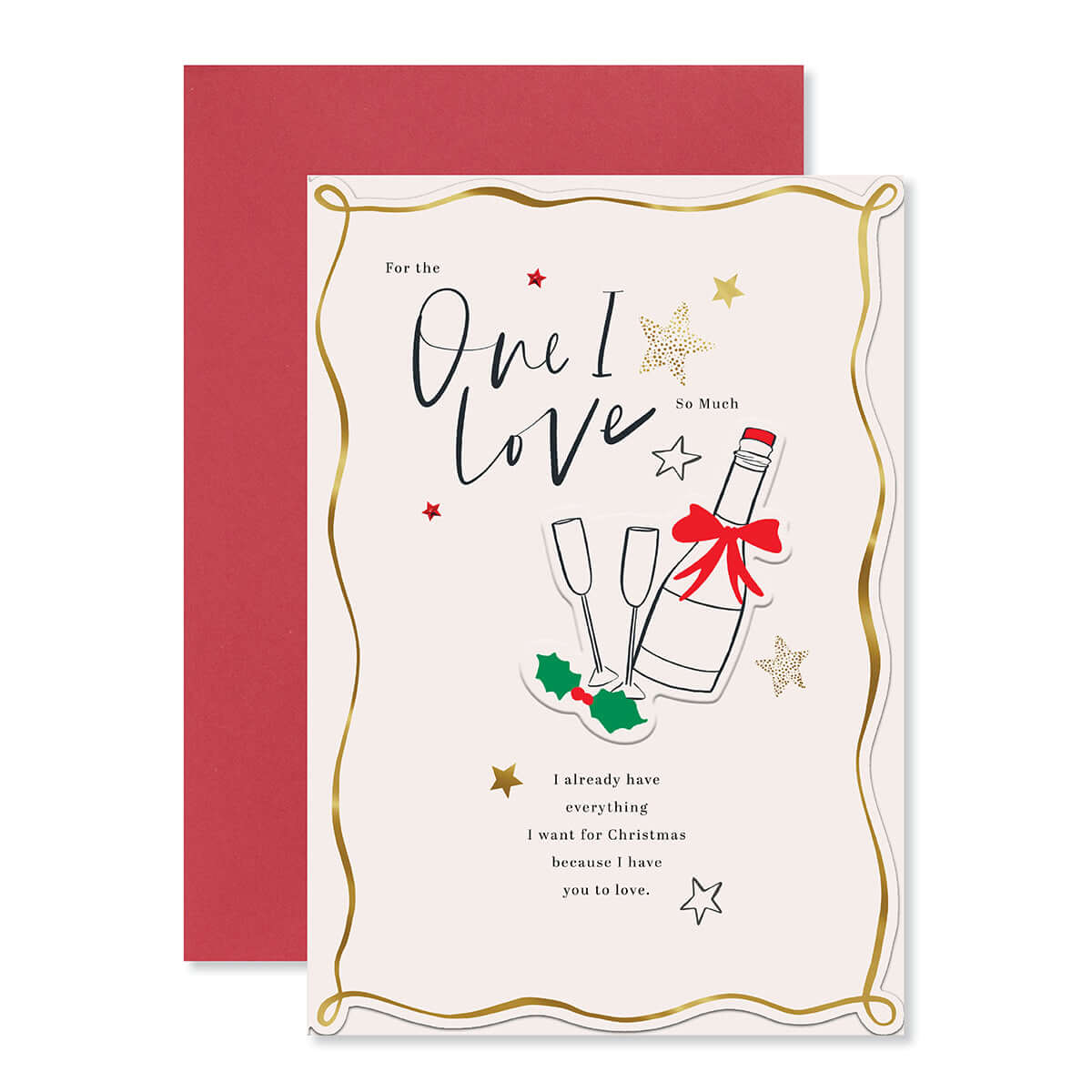 Hallmark Christmas Card For One I Love - Special Love with gold foil accents and champagne bottle illustrations, flat lay view.