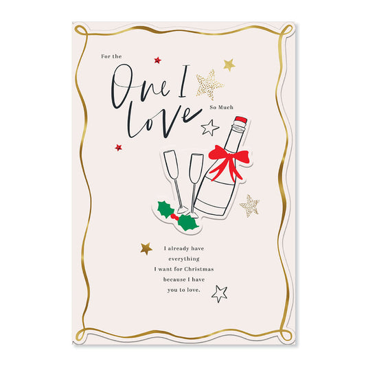Hallmark Christmas Card For One I Love - Special Love, festive design with champagne bottle and flutes, star and holly illustrations