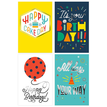 Hallmark Multipack of 12 Birthday Cards - 4 designs, Balloons and Birthday Text featuring colourful birthday card designs with fun messages and bright colours.