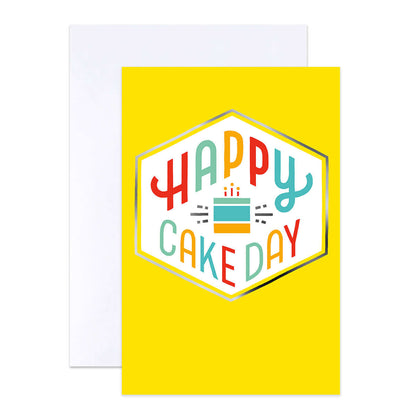 Hallmark Multipack of 12 Birthday Cards - 4 designs, Balloons and Birthday Text featuring a vibrant yellow card with 'HAPPY CAKE DAY' design and coordinating white envelope.