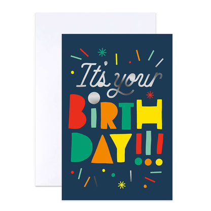 Hallmark Multipack of 12 Birthday Cards - 4 designs, Balloons and Birthday Text featuring colourful text on a dark blue background.
