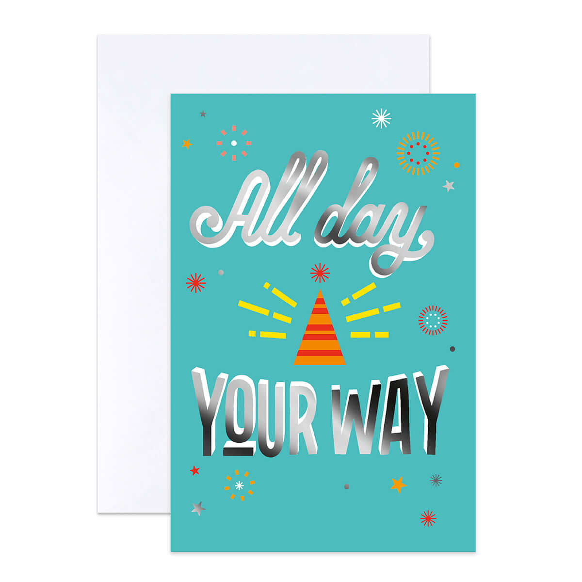 Hallmark Multipack of 12 Birthday Cards - 4 designs, Balloons and Birthday Text featuring a card with the text "All day Your Way" in silver foil on a teal background.