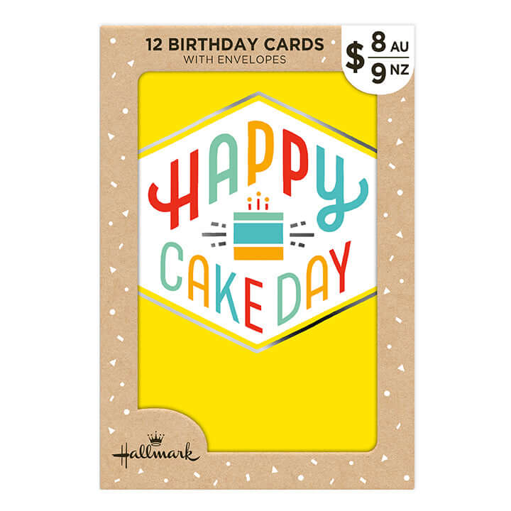 Hallmark Multipack of 12 Birthday Cards - 4 designs, Balloons and Birthday Text featuring a playful yellow card with text 'HAPPY CAKE DAY'.