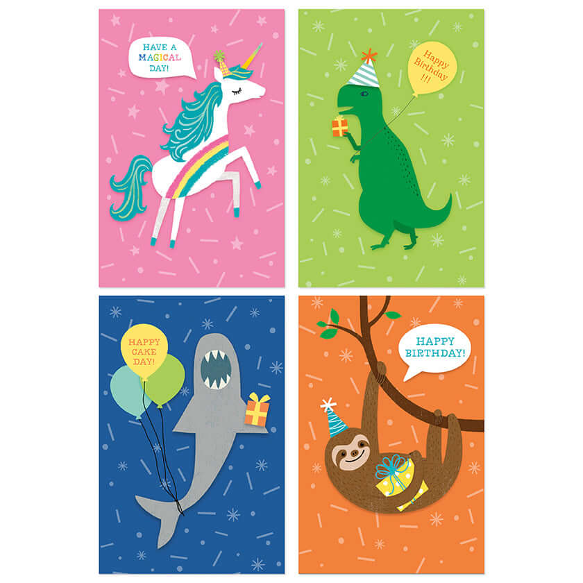 Hallmark multipack of 12 birthday cards - 4 designs, fun party animals featuring a unicorn, dinosaur, shark, and sloth in vibrant colours.
