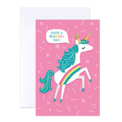 Hallmark Multipack of 12 Birthday Cards - 4 designs, Fun Party Animals featuring a rainbow unicorn design with a pink background and gold foil highlights.