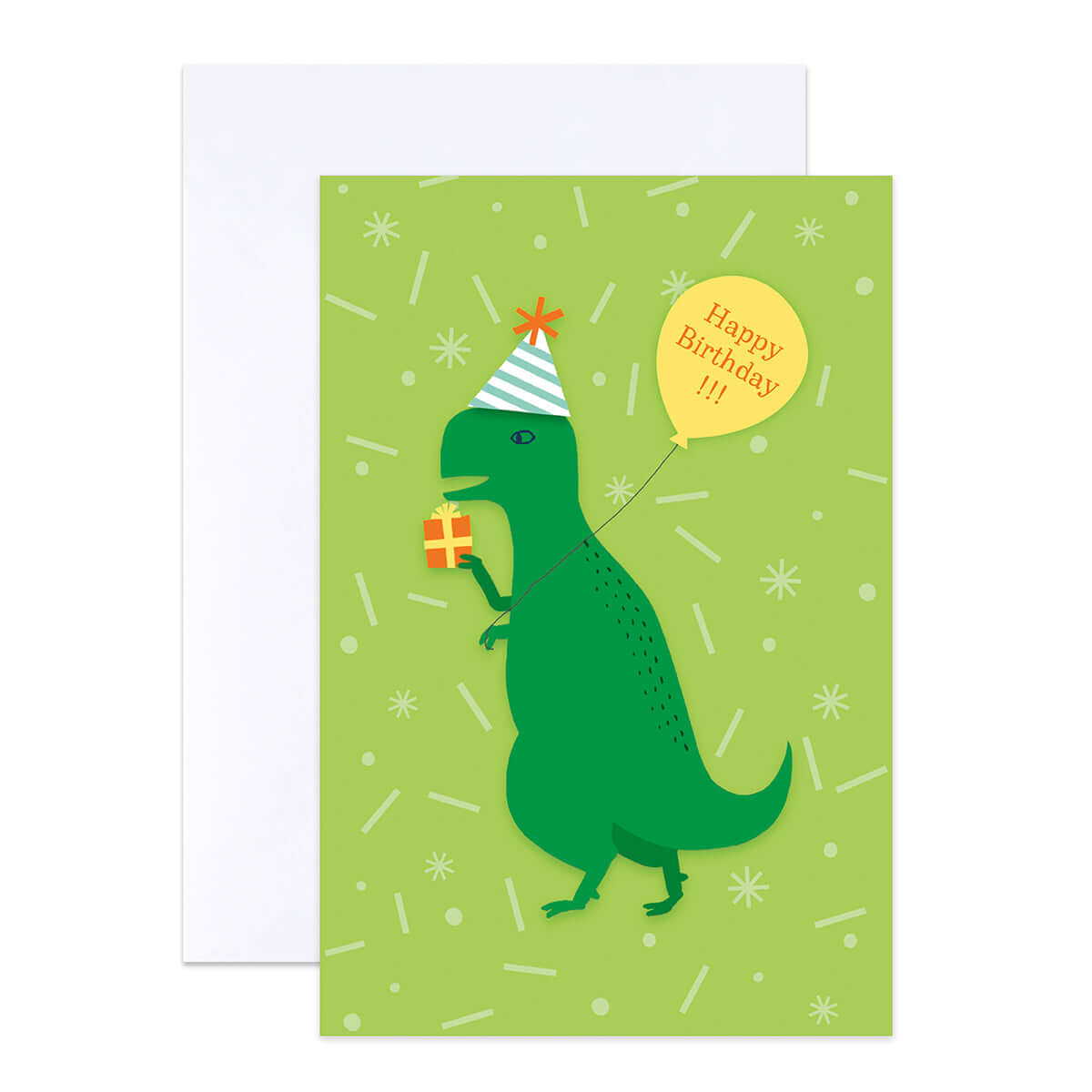 Hallmark Multipack of 12 Birthday Cards - 4 designs, Fun Party Animals featuring a cartoon dinosaur in a party hat holding a gift on a green background.