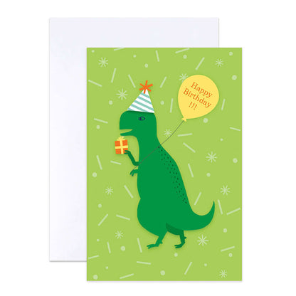 Hallmark Multipack of 12 Birthday Cards - 4 designs, Fun Party Animals featuring a cartoon dinosaur in a party hat holding a gift on a green background.