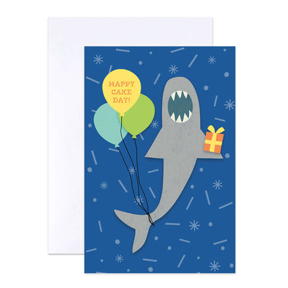 Hallmark Multipack of 12 Birthday Cards - 4 designs, Fun Party Animals featuring a shark holding colourful balloons against a blue background.