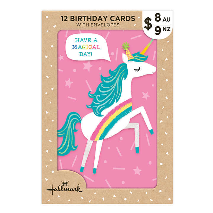 Hallmark Multipack of 12 Birthday Cards - 4 designs, Fun Party Animals featuring a unicorn card design with vibrant colours on a pink background.