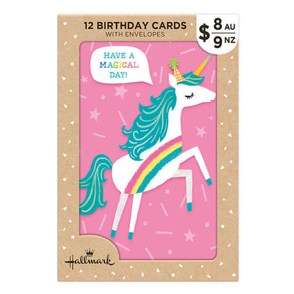 Hallmark Multipack of 12 Birthday Cards - 4 designs, Fun Party Animals featuring a unicorn card design with vibrant colours on a pink background.