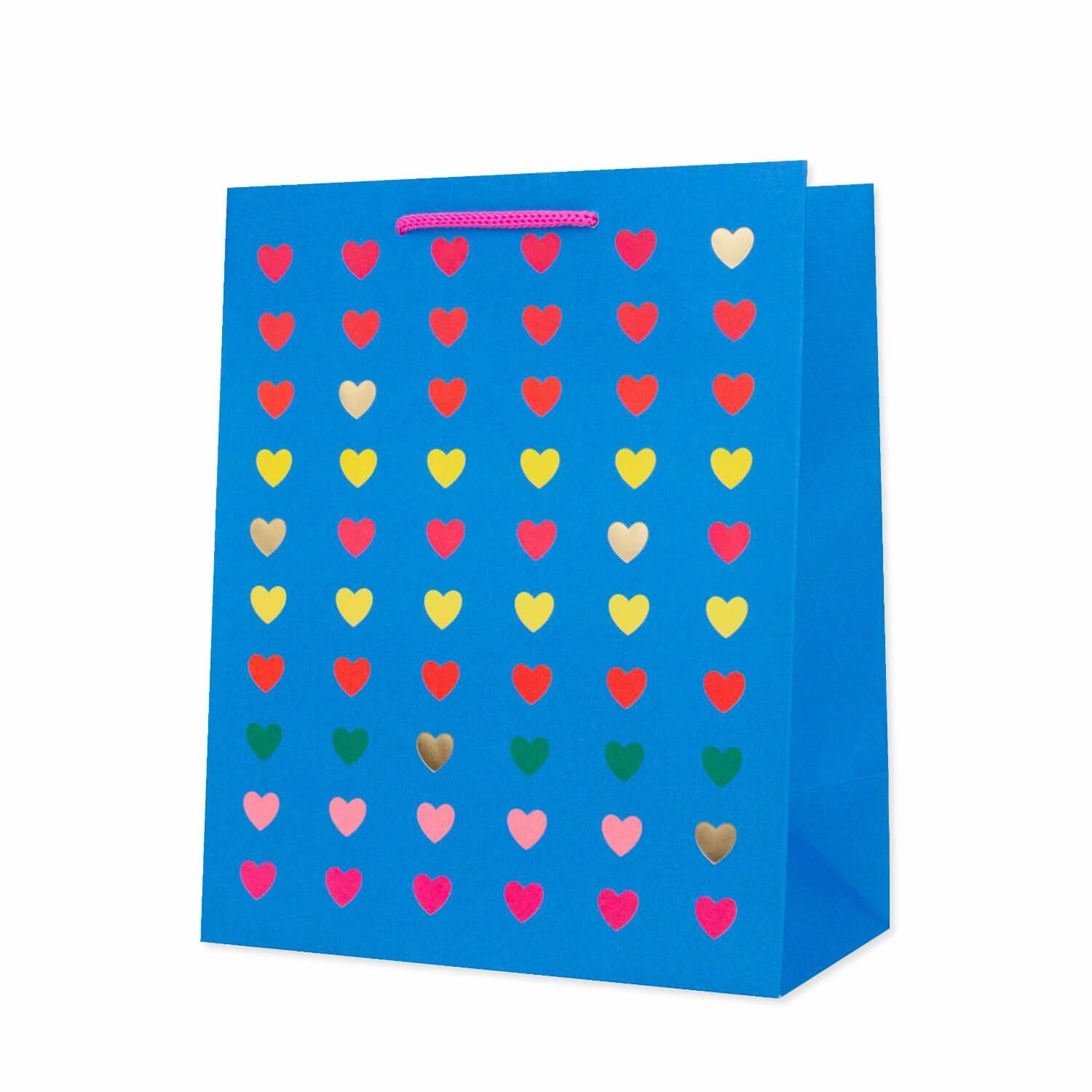 Hallmark Medium Gift Bag - Neon Hearts, medium sized, vibrant blue with multicoloured heart illustrations and hot pink cord handles.