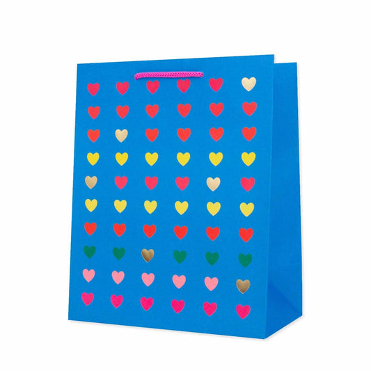 Hallmark Medium Gift Bag - Neon Hearts, medium sized, vibrant blue with multicoloured heart illustrations and hot pink cord handles.
