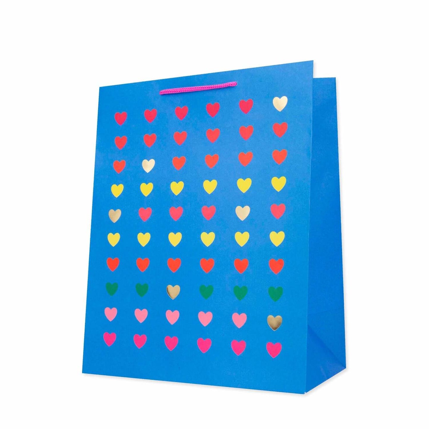 Hallmark Large Gift Bag - Neon Hearts in bright blue featuring colourful hearts with gold foil highlights, angled view.