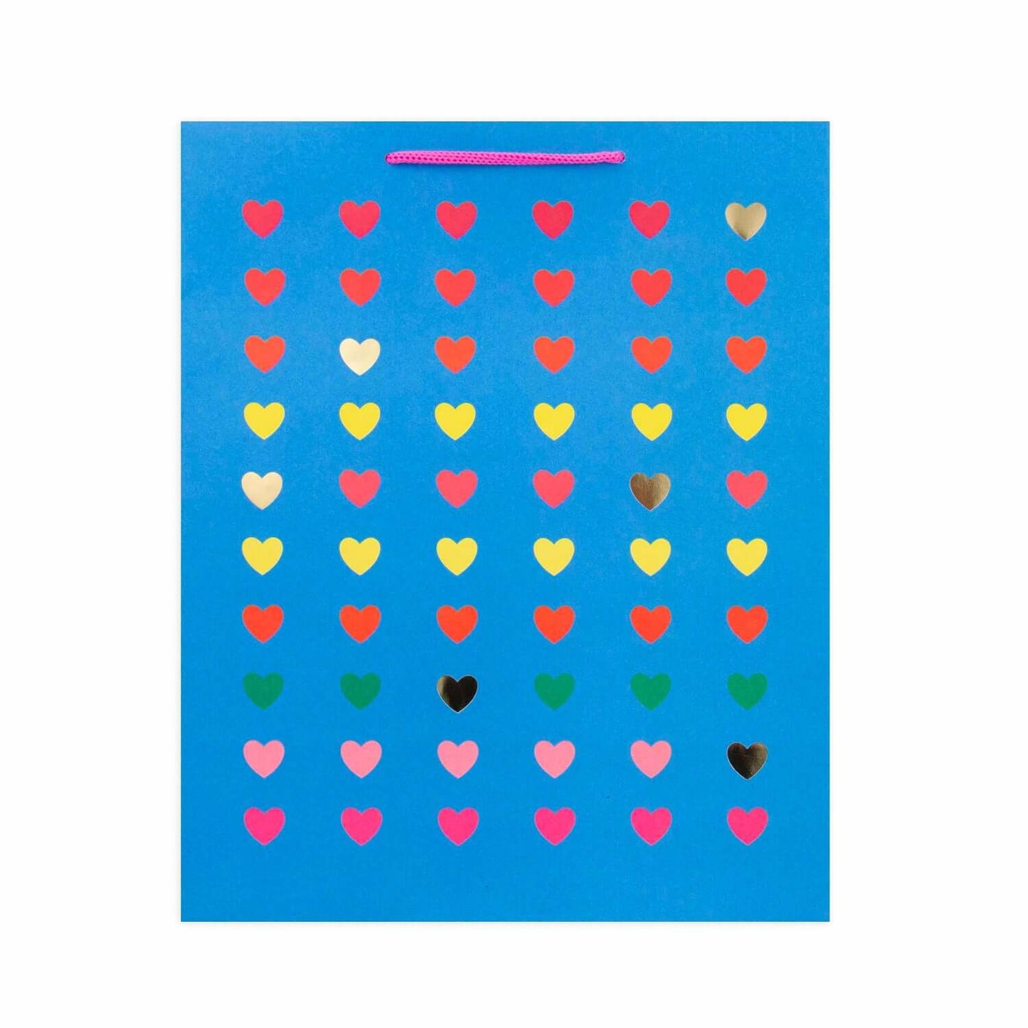 Hallmark Large Gift Bag - Neon Hearts in bright blue with colourful heart patterns and pink cord handles, flat lay design.