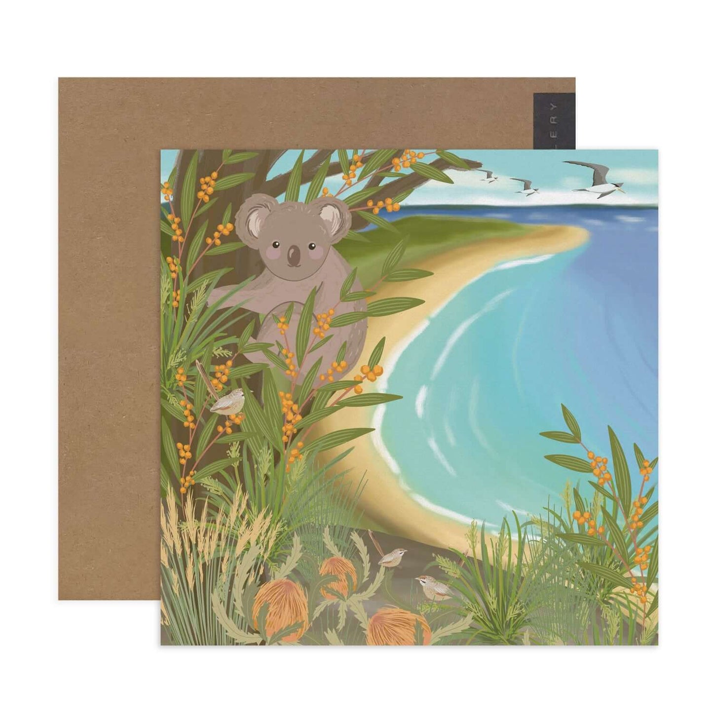Hallmark x Christie Williams Gallery blank greeting card - Coastal with a koala illustration surrounded by vibrant greenery and beach scene.