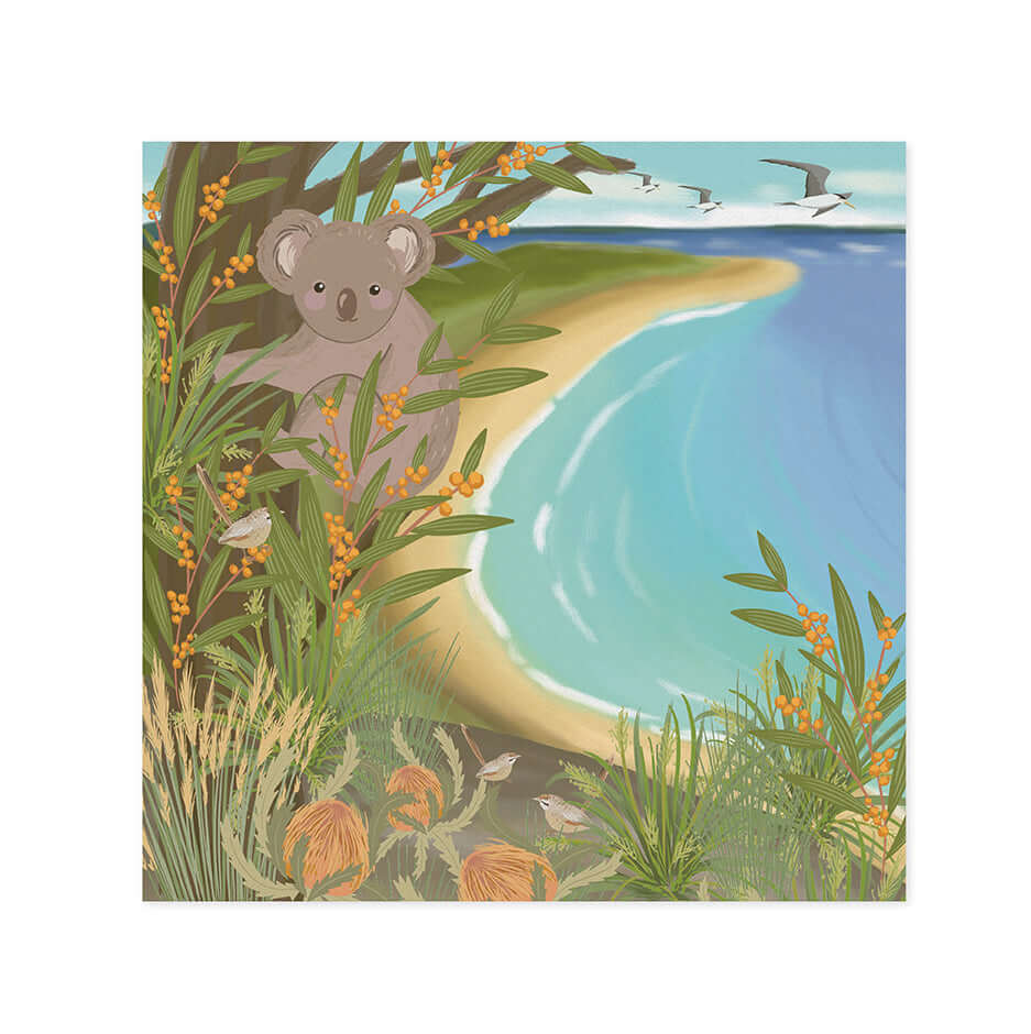 Hallmark x Christie Williams Gallery Blank Greeting Card - Coastal featuring a koala among coastal foliage and beach in vibrant colours.
