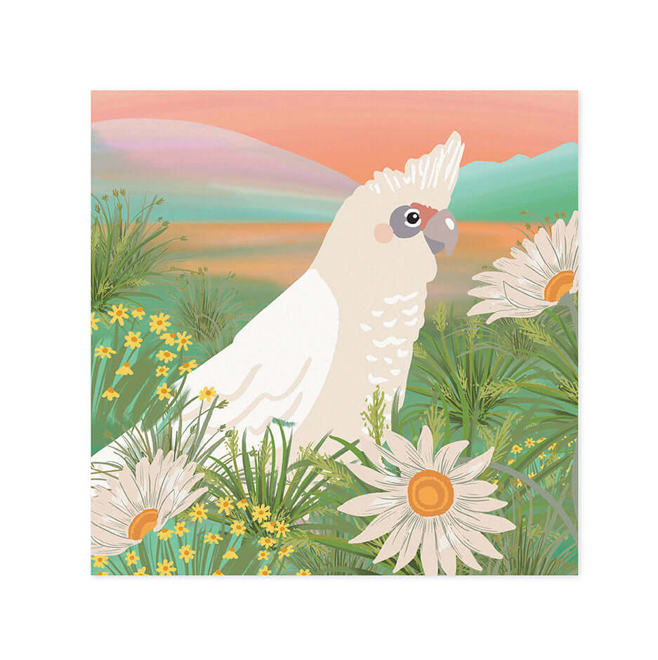 Hallmark x Christie Williams Gallery Blank Greeting Card - Grassland featuring a cheerful white cockatoo among daisies with a colourful background.