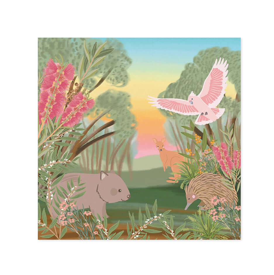 Hallmark x Christie Williams Gallery Blank Greeting Card - Bushland, vibrant illustration featuring Australian animals and plants at sunset.