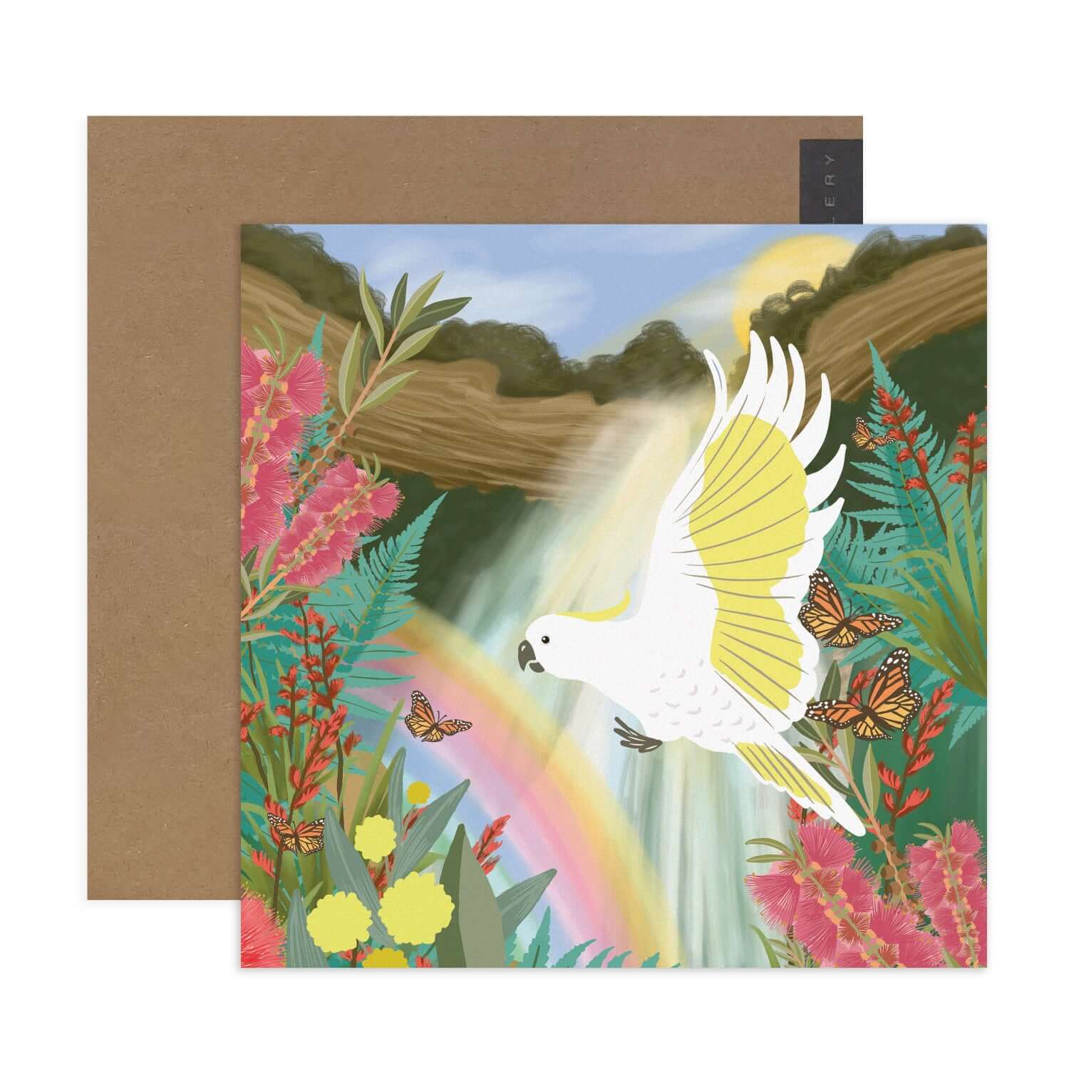 Hallmark x Christie Williams Gallery Blank Greeting Card - Waterfall featuring a vibrant illustration of a flying white cockatoo and blooming flora.