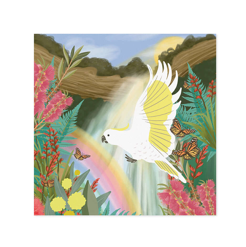 Hallmark x Christie Williams Gallery Blank Greeting Card - Waterfall with a vibrant illustration of a white bird flying over a waterfall and flowers.