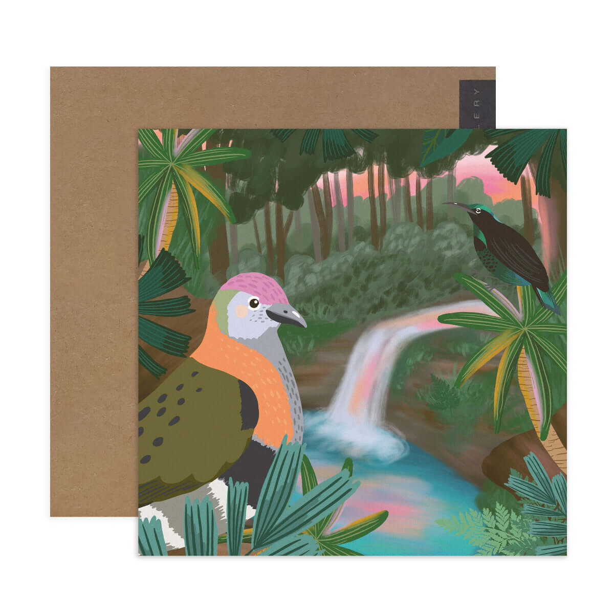 Hallmark x Christie Williams Gallery Blank Greeting Card - Tropical Rainforest featuring vibrant birds and lush plants with a serene waterfall scene.