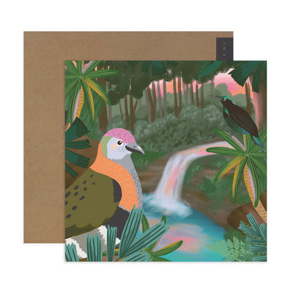 Hallmark x Christie Williams Gallery Blank Greeting Card - Tropical Rainforest featuring vibrant birds and lush plants with a serene waterfall scene.