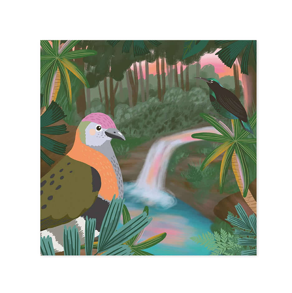 Hallmark x Christie Williams Gallery Blank Greeting Card - Tropical Rainforest featuring vibrant birds and lush greenery illustration.