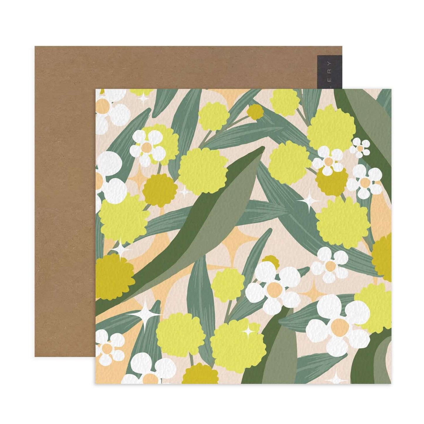Hallmark x Christie Williams Gallery Blank Greeting Card - Whimsical Wattle with vibrant yellow and white floral design, featuring a kraft envelope.