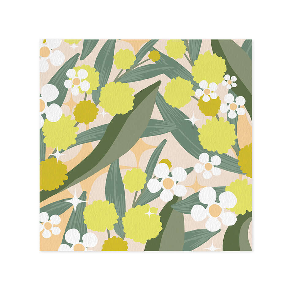 Hallmark x Christie Williams Gallery Blank Greeting Card - Whimsical Wattle featuring a vibrant floral design with yellow and green foliage.