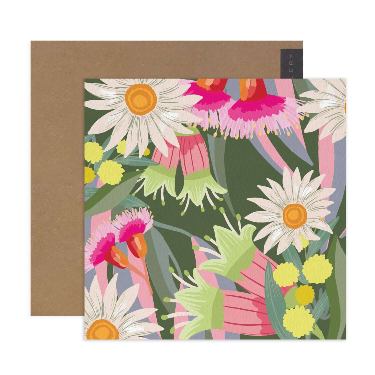 Hallmark x Christie Williams Gallery Blank Greeting Card - Correa Calypso showcasing vibrant floral illustration and brown kraft envelope.