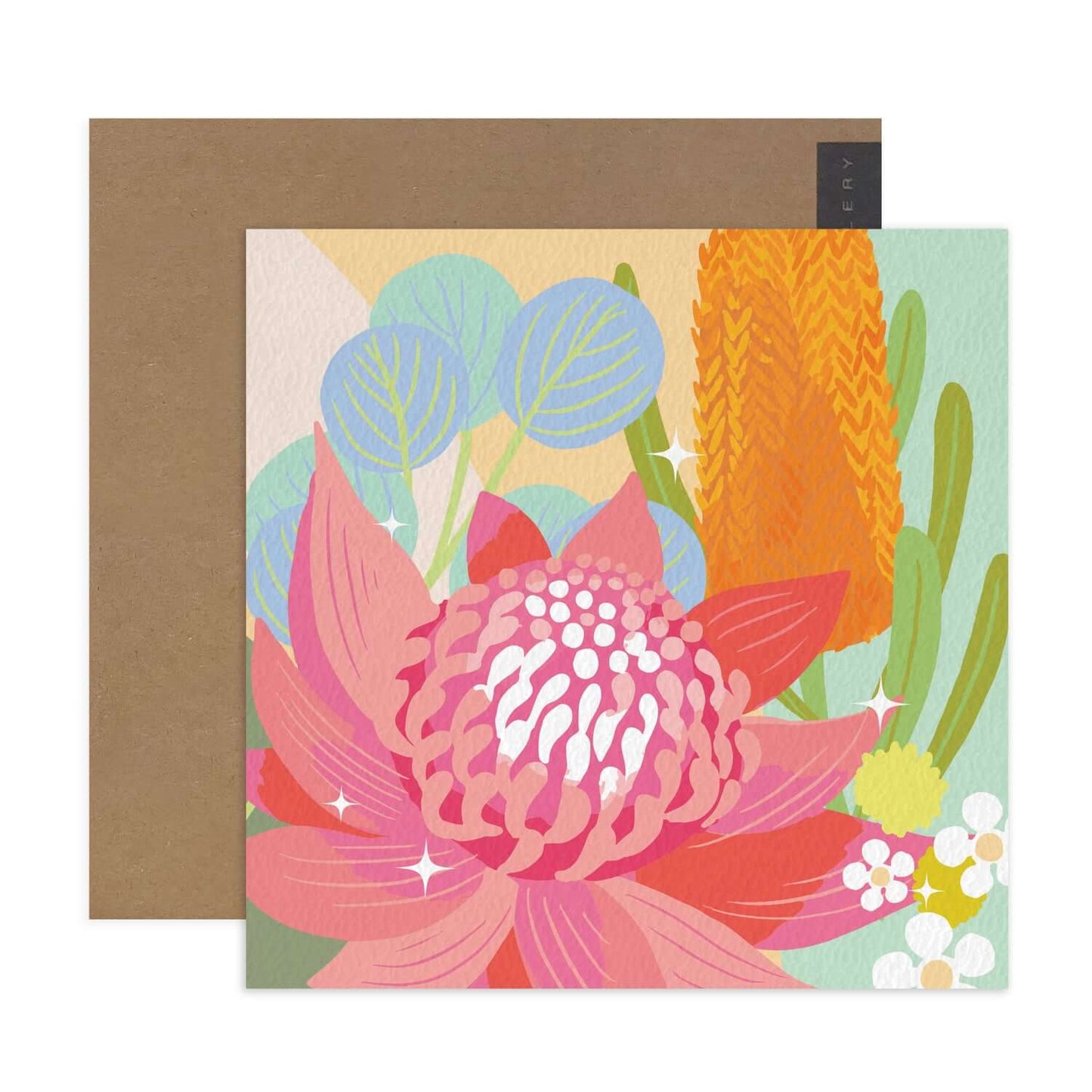 Hallmark x Christie Williams Gallery Blank Greeting Card - Waratah Wonders with vibrant floral illustration and kraft envelope.