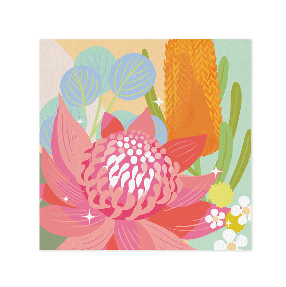 Hallmark x Christie Williams Gallery Blank Greeting Card - Waratah Wonders featuring vibrant floral illustration with pink waratah flower and colourful foliage.