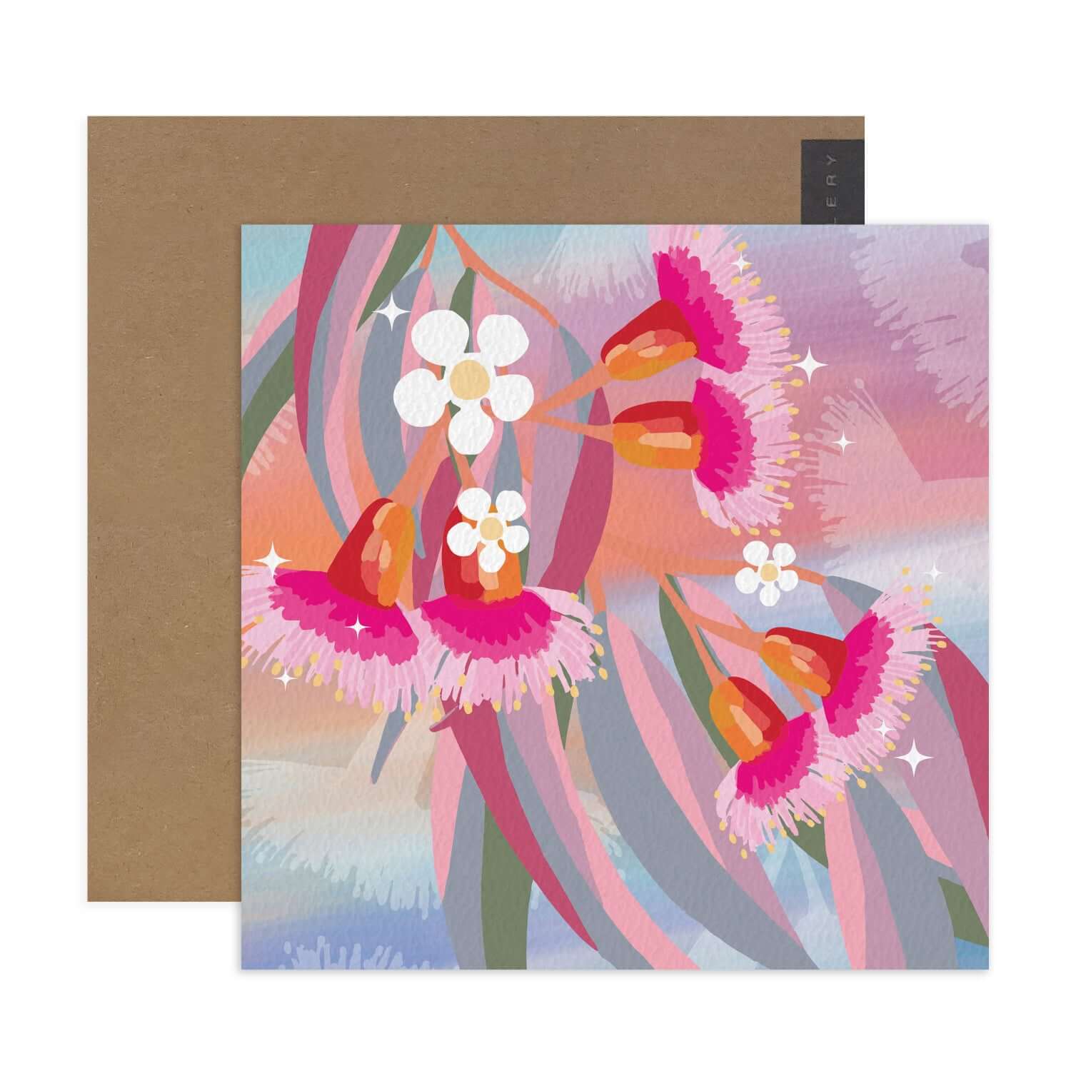 Hallmark x Christie Williams Gallery Blank Greeting Card - Hyper Eucalyptus with vibrant illustration of pink eucalyptus blossoms and leaves.