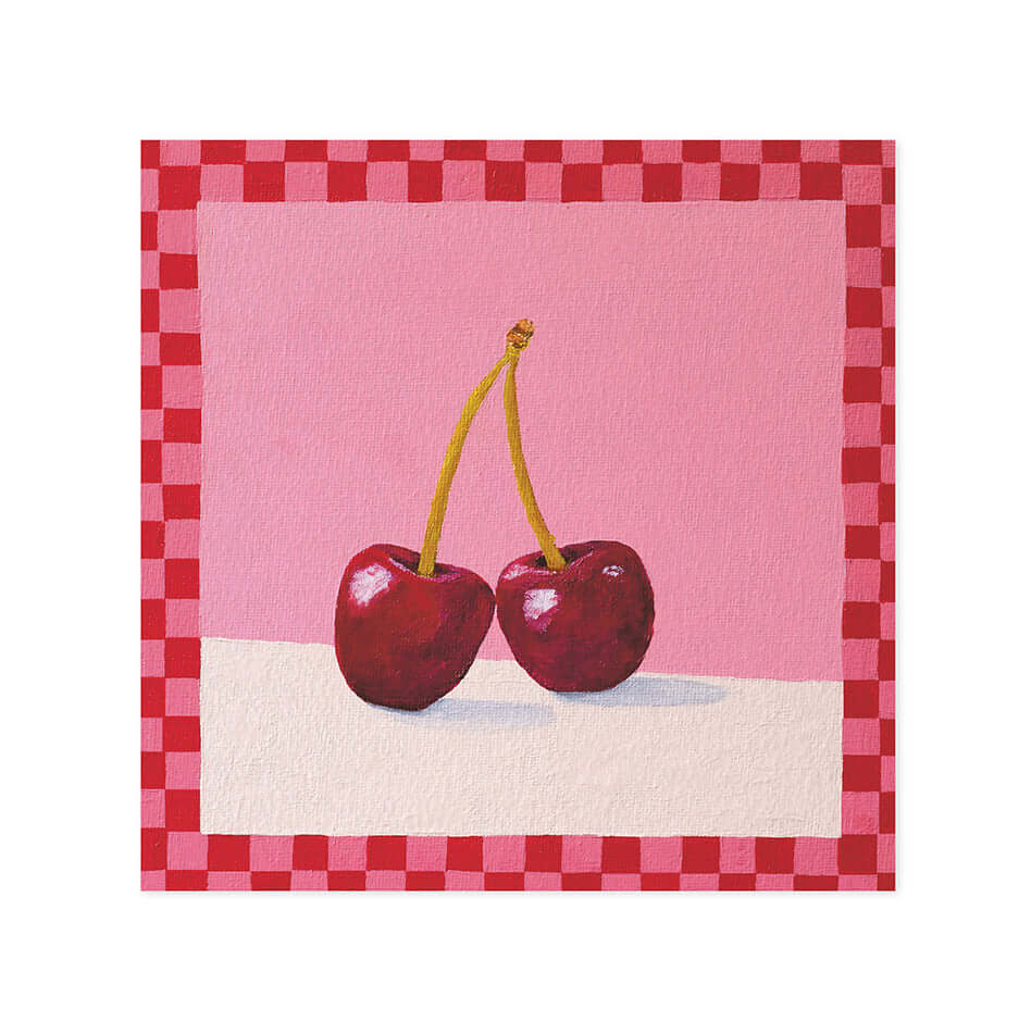 Hallmark x Kayla Henley Gallery Blank Greeting Card - Cherries On Top, featuring two vibrant cherries on a pink background with a checkered border.