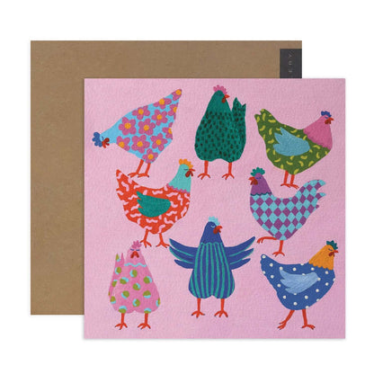 Hallmark x Kayla Henley Gallery Blank Greeting Card - Gather The Girls featuring vibrant chickens on a pink background with a kraft envelope.