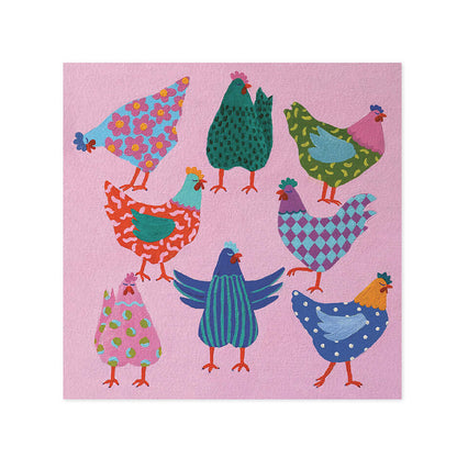 Hallmark x Kayla Henley Gallery Blank Greeting Card - Gather The Girls featuring eight colourful hand-painted hens on a pink background.
