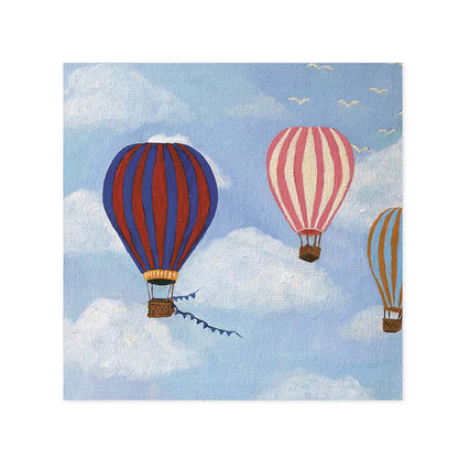 Hallmark x Kayla Henley Gallery Blank Greeting Card - High In The Sky featuring three colourful hot air balloons against a blue sky.