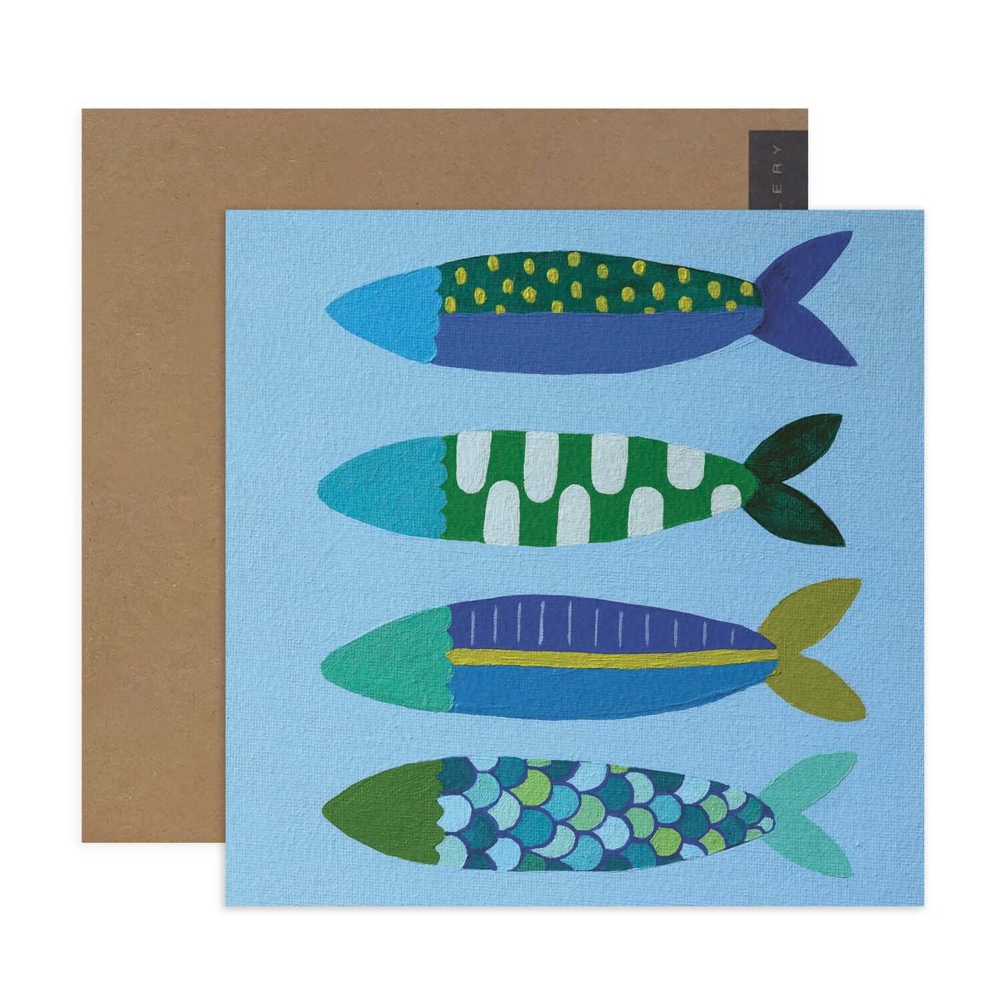 Hallmark x Kayla Henley Gallery Blank Greeting Card - Little Fishies featuring four colourful fish designs on a blue background with kraft envelope.