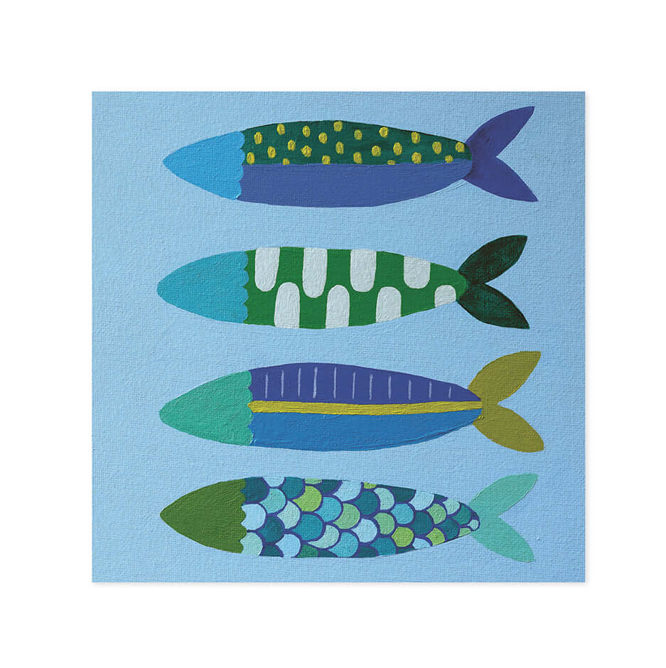 Hallmark x Kayla Henley Gallery blank greeting card - Little Fishies featuring colourful fish artwork on a blue background in a flat lay view.