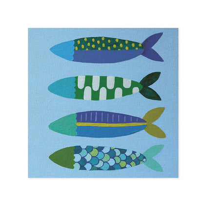Hallmark x Kayla Henley Gallery blank greeting card - Little Fishies featuring colourful fish artwork on a blue background in a flat lay view.