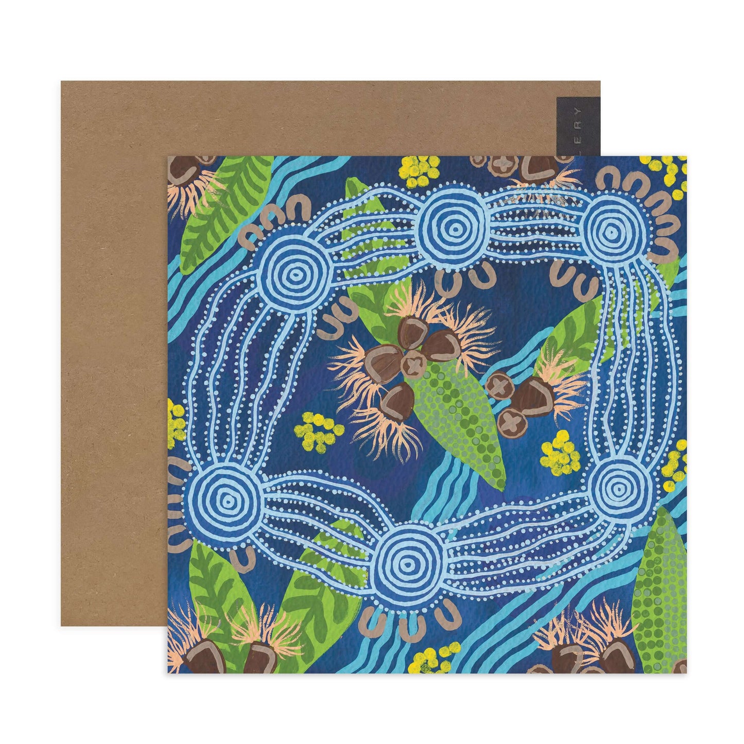 Hallmark x Emma Stenhouse Gallery Blank Greeting Card - Bright Path, square card in vibrant Indigenous artwork with earthy tones and patterns.