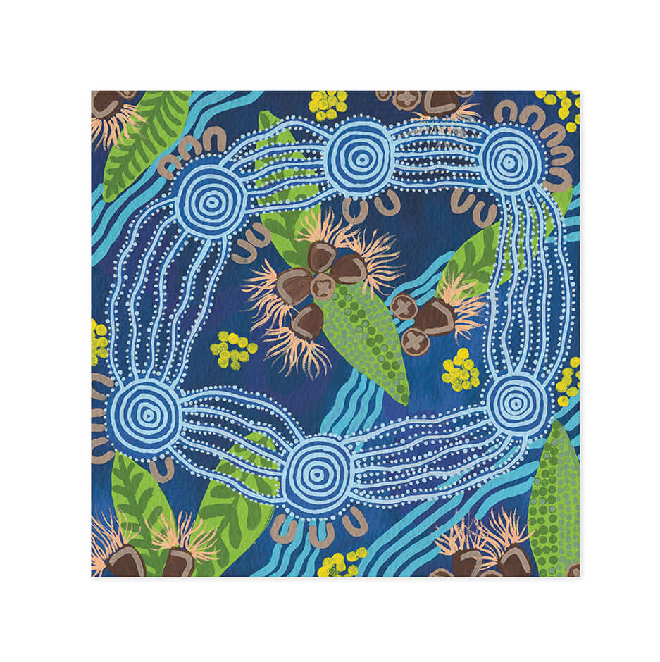 Hallmark x Emma Stenhouse Gallery Blank Greeting Card - Bright Path featuring vibrant Indigenous artwork with blue and green patterns in a floral design.