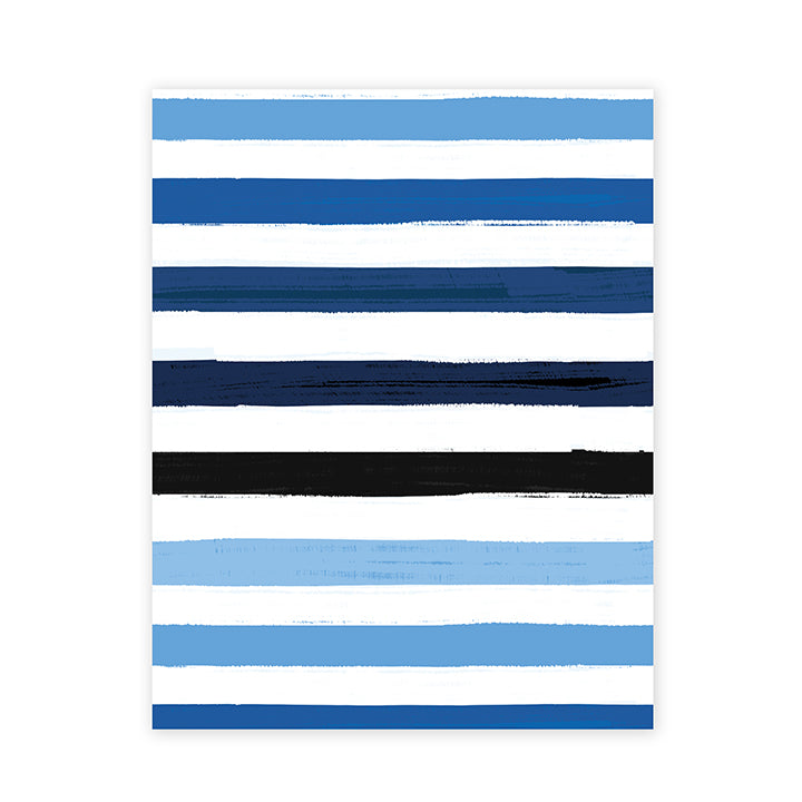Hallmark Flat Wrapping Paper - Blue Brushstrokes with blue and black stripes on a white background, flat lay style.