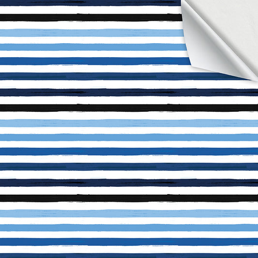 Hallmark Flat Wrapping Paper - Blue Brushstrokes with black and blue stripes on a white background, flat view showcasing design.